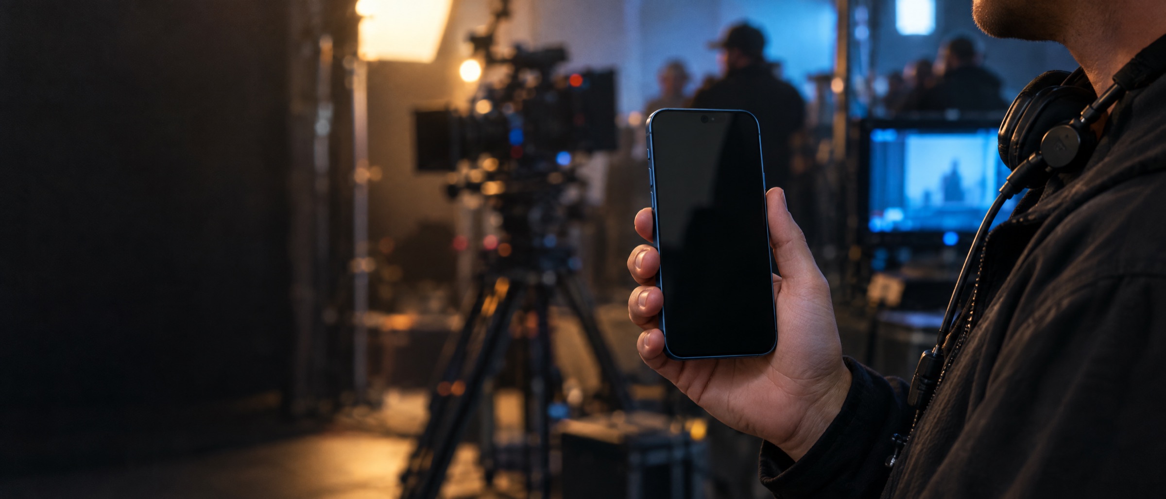 A crew member on a film set checks the Live tab on an iPhone: Location B-Roll, 30:00 remaining